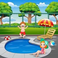 gelukkige jongen en meisje genieten van spelen in het buitenzwembad vector