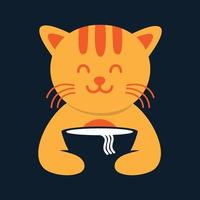 dier huisdieren kat kitty kitten met voedsel noodle kom schattig logo vector pictogram ontwerp