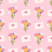 boeket bloemen met enveloppen voor Valentijnsdag, vector naadloos patroon op roze background