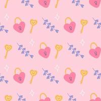 hartvormig slot met sleutel op roze achtergrond, vector naadloos patroon voor valentijnsdag