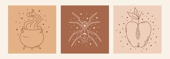 boho mystieke doodle esoterische set. magische line art poster met ketel, spin, appel. Boheemse moderne vectorillustratie vector