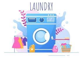 wasgoed met was- en droogmachines in een platte achtergrondillustratie. vuile doek liggend in de mand en vrouwen wassen kleren voor spandoek of poster vector