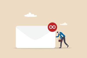 drukke e-mailoverbelasting, inefficiënte communicatie, angst, uitgeput of burn-out van te veel berichtenconcept, wanhopige hopeloosheid zakenman met zijn inbox met oneindig veel ongelezen e-mails. vector