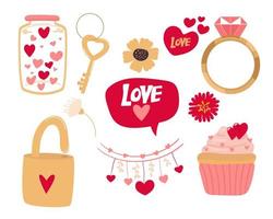 vector Valentijnsdag kaarten sjablonen. hand getrokken 14 februari cadeau collectie. pot met hartjes, ring, cake, sleutel, slotbloemen, hanger
