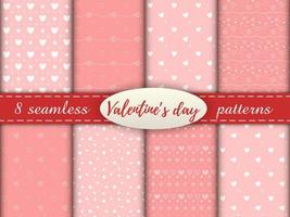 romantische naadloze patronen met een hart. fijne Valentijnsdag. set van 8 patronen met witte hartjes, stippen en sterren op een roze achtergrond. vector