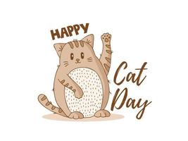 een bruin gestreepte kat met een lichte buik zwaait met een poot. wereld kattendag. internationale feestdag. kat met belettering. vector