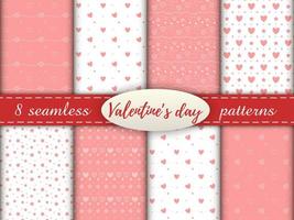 romantische naadloze patronen met een hart. fijne Valentijnsdag. set van 8 patronen met roze en witte hartjes, stippen en sterren op een witte en roze achtergrond. vector