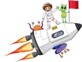 een astronaut op een raket met aliens in tekenfilmstijl