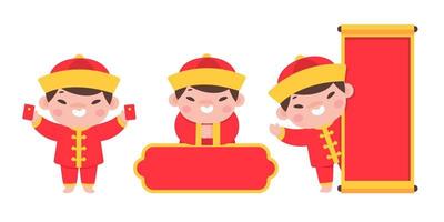 Chinese kinderen die rode nationale kostuums dragen vieren Chinees nieuwjaar vector