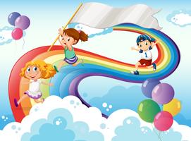 Kinderen spelen boven de regenboog met een lege banner vector