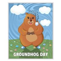 gelukkige dag van de groundhog - voorjaarsvakantie. 2 februari. wenskaart, gras, bloemen, blauwe groundhog niet-onzorgvuldig. marmot in een slaapmuts en pantoffels. vectorafbeeldingen. vector