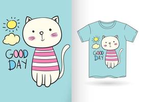 schattige cartoon kat hand getekend voor t-shirt vector