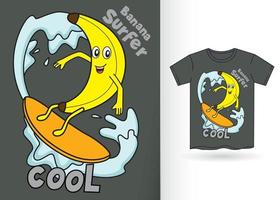 schattige banaan surfer cartoon voor t-shirt vector