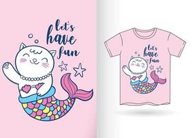 leuke cartoon kat zeemeermin voor t-shirt vector