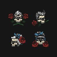 set van verschillende rockabilly rose schedel handgemaakte vectorillustratie vector