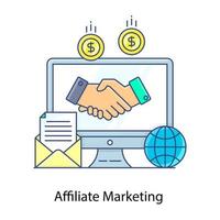 dollar met handdruk, affiliate marketing in platte omtrek vector