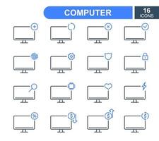 set van eenvoudige computer lijn iconen. computerreparatieservice, verkoop, lening, renovatie en update systeemlijnpictogrammen. pc lineaire pictogrammen. vectorillustratie. vector