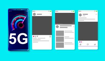 5G hoge snelheid netwerk op online sociale media mockup op blauwe achtergrond Vector. vector