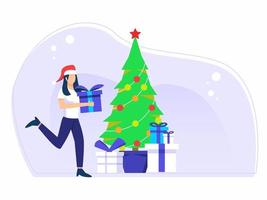 kerstvakantie viering. vrouwen bereiden thuis geschenken voor de kerstboom. vector illustratie