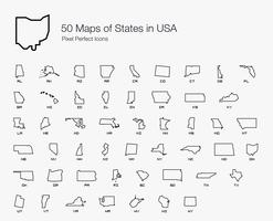 Alle 50 VS-staten Pixel Perfect-pictogrammen (lijnstijl). vector