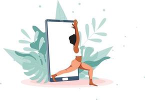 yoga online met meisje dat oefeningen doet en online lessen bekijkt vector