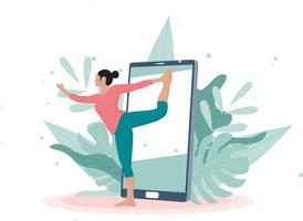yoga online met meisje dat oefeningen doet en online lessen bekijkt vector