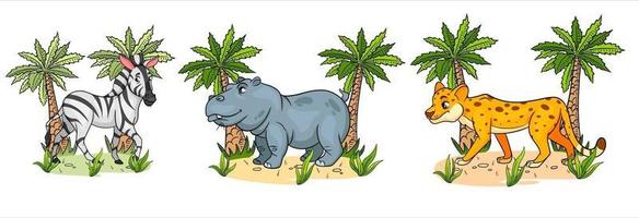 grappige karakters dieren zebra, nijlpaard, cheetah met palmen in cartoon-stijl. vector