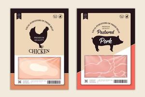 slagerijetiketten met silhouetten van boerderijdieren kippenvarkensvlees en vlees vector