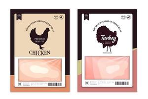 slagerijetiketten met silhouetten van boerderijdieren kip kalkoenvlees vector
