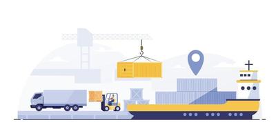 vrachtlogistiek vrachtwagen en transportcontainerschip met werkende kraan import export transportindustrie. vector