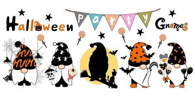 halloween partycute kabouters ontworpen in oranje zwart-wit toon vector