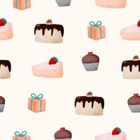 naadloze cadeaupapier of fotoachtergronden en achtergronden. foto van cake cup cakes en geschenkdozen. vector