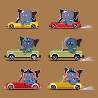 dierenbestuurder, huisdierenvoertuig en olifant gelukkig in auto. vector