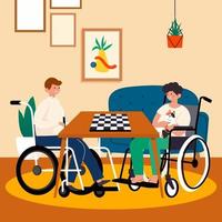 twee gehandicapte mannen schaken samen in de woonkamer. vector