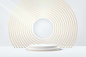 wit, goud realistisch cilinder voetstuk podium met luxe gouden cirkel ring achtergrond. vector abstracte studio kamer met 3d geometrische platform. minimale scène voor productenshowcase, promotiedisplay;