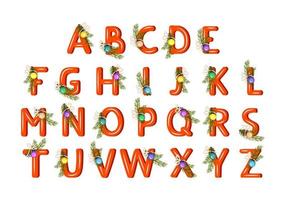 alfabet gemaakt van rode letters met groene kerstboomtak, bal en boog. feestelijk lettertype, symbool van gelukkig nieuwjaar en kerstmis, teken en figuur met verschillende vormen vector