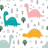 dinosaurus en boom naadloos patroon. schattige dieren cartoon achtergrond hand getekend in kinderstijl. ontwerp om af te drukken, behang, stof, textiel vectorillustratie vector