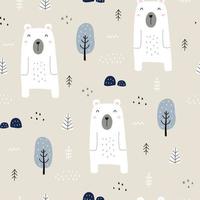 naadloze patroon dierlijk beeldverhaal achtergrond met witte beer en bomen hand getekende ontwerp in kinderstijl, gebruik voor print, decoratie behang, stof, textiel. vector illustratie