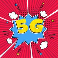 5g nieuwe draadloze internet wifi-verbinding komische stijl toespraak bubble uitroepteken tekst 5g vlakke stijl ontwerp vectorillustratie geïsoleerd op stralen achtergrond. nieuw mobiel internet 5g teken icoon in ballon. vector