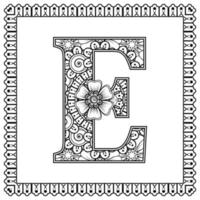 letter e gemaakt van bloemen in mehndi-stijl. kleurboek pagina. schets hand-draw vectorillustratie. vector