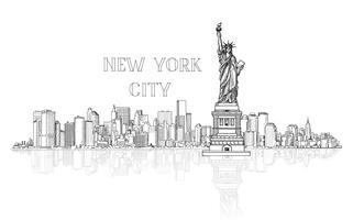 De horizonachtergrond van New York, de VS Stad silhouet graveren weergave
