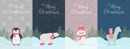 kerst set wenskaarten, met schattige dieren. lama, pinguïn, ijsbeer, sneeuwuil. vector