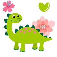 schattige cartoon dinosaurus, bloemen en hart in platte kinderlijke stijl geïsoleerd op een witte achtergrond. vector