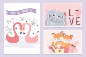 gelukkige Valentijnsdag schattig paar flamingo katten vossen romantiek kaarten vector