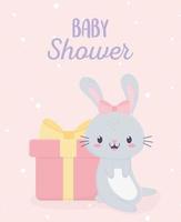 baby shower schattig konijntje en geschenkdoos wenskaart vector