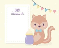 baby shower schattige kleine eekhoorn en melkfles wenskaart vector