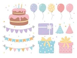 verjaardagstaart hoeden geschenkdozen ballonnen wimpels viering feestdecoratie vector