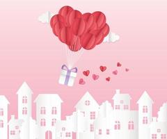 happy Valentijnsdag origami papieren ballonnen met geschenkharten stadsgezicht vector