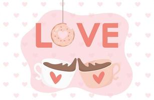 happy Valentijnsdag inscriptie liefde donut chocolade kopjes harten achtergrond vector