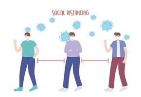 covid 19 coronavirus social distancing preventie, jonge mannen houden afstand, uitbraak verspreiding, mensen met medisch gezichtsmasker vector